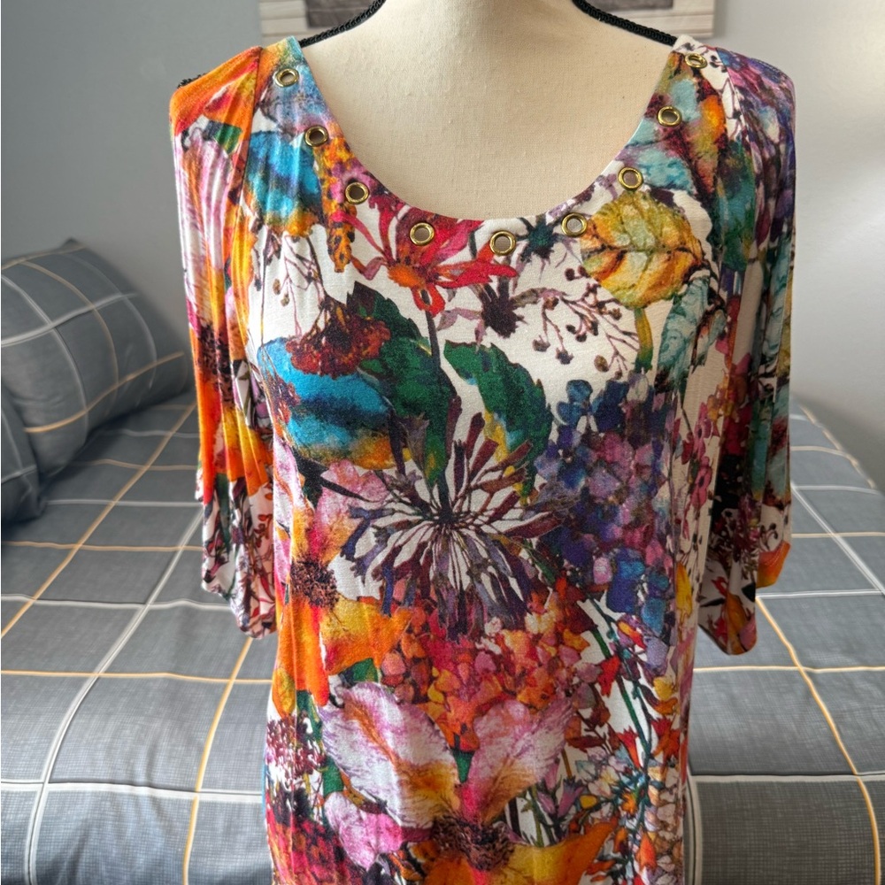 ♥️Spense Floral Multicolor Women's Cold Shoulder Top Size Large - Picture 3 of 10